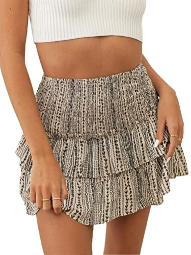 seiveini Sommerrock Damen Kurz Rock Hohe Taille Blumenrock Mit Rüschen Boho Röcke Plissee Floral Druck Faltenrock A-Line Elastischer Bund A Khaki XL