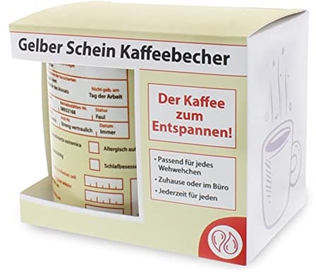 yvolve - Gelber Schein - Tasse aus Keramik mit lustigem Spruch rundum bedruckt mit Verpackung - Spülmaschinenfest