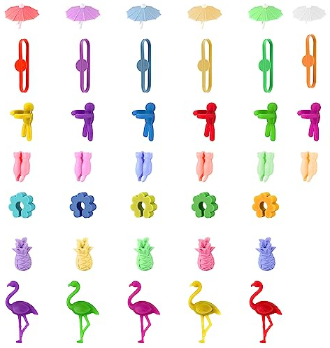 Marqueurs de verre à vin, 42 Pièces Marque-verres en Silicone Colorés, Identificateurs de Verre, Marqueurs à Boisson étiquettes Réutilisable pour Coupe Verre Bouteilles Cocktail Champagne