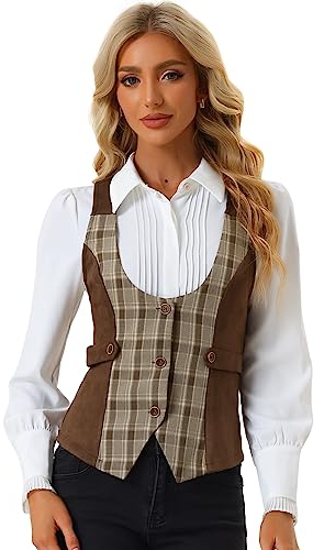 Allegra K Damen Ärmellos Vintage Weste Plaid Knopfleiste Elegant Kariert Westen Braun XL