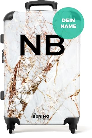 NoBoringSuitcases.com® Koffer personalisiert, 67x43x25cm - Koffer Mittelgroß, Koffer Hartschale Groß - Rollkoffer - Weißer Marmor mit Gold - Leicht - Koffer mit Namen Initialen