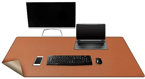 Mydours 120x50cm Premium Schreibtischunterlage, Große Schreibtischmatte aus Kork und PU Leder, Doppelseitige rutschfeste Wasserdicht Mauspad mit Genähten Kanten für Home Office Laptop Büro (Braun)