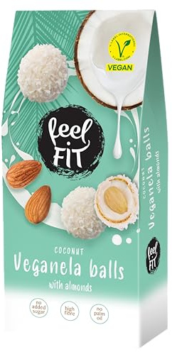 Feel FIT Veganela Balls, bonbon sans sucre, pralines à la noix de coco avec des amandes entières à l'intérieur et de la crème de lait de coco, végétalien, sans huile de palme 63 g