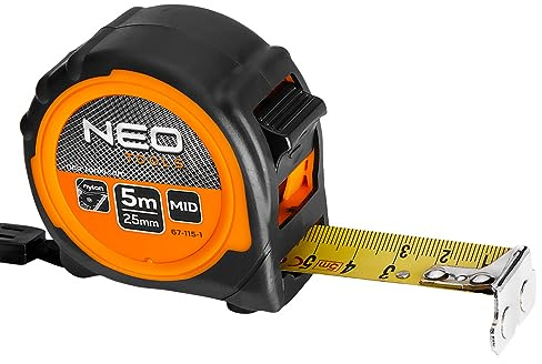 NEO TOOLS Bandmass Kunststoffgehäuse Nylonbeschichtung zum Schutz der Skala vor Abrieb - Gürtel-Clip - Rückzugsdämpfer - Robustes Profi Maßband vernietet mit Gürtelklemme und Aufrollsystem – (5mx25mm)