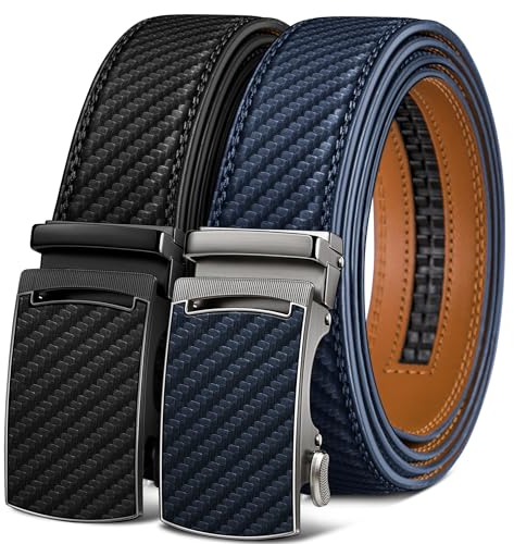 KEMISANT Ratschengürtel für Herren, 2er-Pack, stilvolle Ledergürtel für Herren, im Geschenkset, 35 mm, 2er-Pack, Schwarz/Violettblau 4296, 105 cm/120 cm Taille