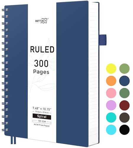 RETTACY B5 Notizblock, Notizbuch, Spiralgebundene Notizbücher, 300 Blatt/150 Seiten Zum Schreiben, 100 G/m² College-liniertes Papier, PVC-Hardcover, 19 x 25 cm - Marineblau