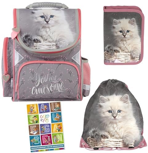 Goldkids - Schulranzen für Jungen und Mädchen, 4er-Set - Schul-Rucksack für Kinder mit Federmäppchen - Schuhbeutel und Hausaufgabenheft - Katze Motiv - 1-3 Klasse