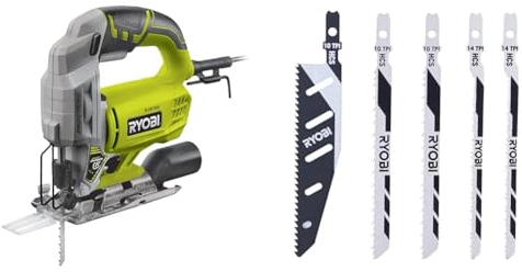 RYOBI - Scie Sauteuse Pendulaire 220V, 500W, 3000cps/min, Inclinaison 0 à 45 ° Droit et Gauche & Lot de 5 Lames de Coupe pour Scie Sauteuse - 1 Lame Baïonnette Bois/Plastique Flushcut