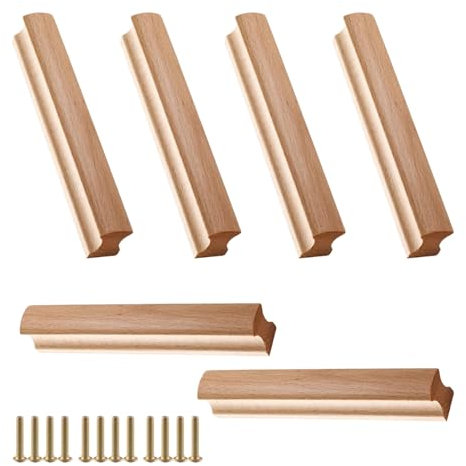 6 Piezas Tirador Madera, Tiradores de Madera para Armario con Tornillos, Tiradores para Cajones, Mueble de Cocina de Madera Maciza con Tiradores, Distancia entre Agujeros 128 mm, para Armarios, Baños