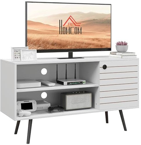 HOMCOM TV Stand Cabinet for 50 Inch TVs, TV Unit with Open Shelves, Soft-close Door and Cable Holes, Entertainment Unit for Living Room, White