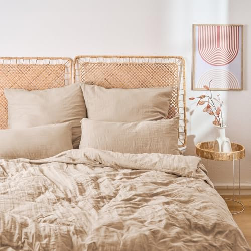 Blumtal Musselin Bettwäsche 200x220 cm + 2X 40x80 cm - Oeko-TEX zert. Bettwäsche Musselin aus 100% Baumwolle - extra weiches Bettwäsche-Set waschbar bei 40 °C - Sommerbettwäsche Taupe