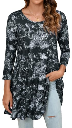 Enmain Tunic Tops for Women UK 3/4 Sleeve Ladies Long Tunics Loose Casual Tunic Top for Leggings Round Neck Blouses Shirt Tie-dye Black & Grey M