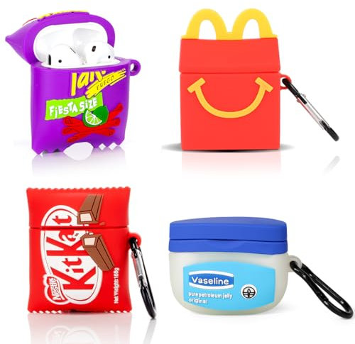 (4 Packung) Hülle für AirPods 2nd/1st Erzeugung Ohrhörer, XMBYGY Silikon Aufladung Fall Schutz Abdeckungen mit Niedlich Cartoon Haut Design für AirPods 1/2, mit Karabiner (TAK+Vasl+Kitakt+M)