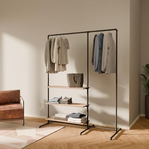 pamo Kleiderstange freistehend 120 kg Traglast - offener Kleiderschrank industrial schwarz aus Metall Wasserrohren mit Böden aus massiver Eiche
