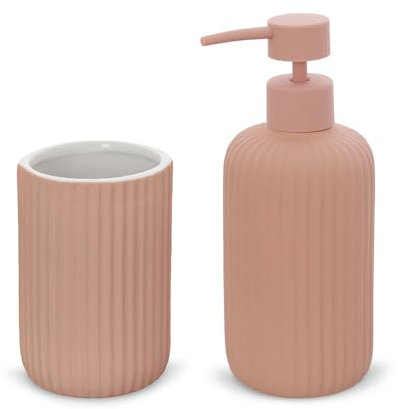 Inbagno Set Accessori Bagno 2 Pezzi in Ceramica Rosa cannettato, Dispenser Sapone e portaspazzolini Soft Touch, Spring