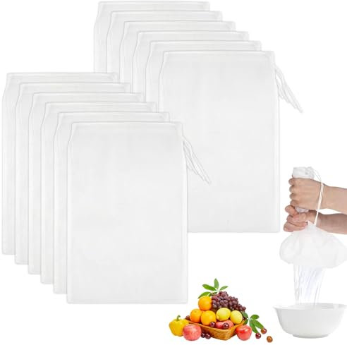 12 Stück Nussmilchbeutel, Passiertuch Wiederverwendbar, 30×20cm Nussmilchbeutel Bio Waschbar, Feingewebt Passiertuch Nylon Filterbeutel Mit Kordelzug, Für Nussmilch Käse Kaffee Joghurt Fruchtsaft
