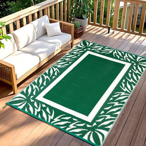 TUKDAK Grün Outdoor Teppich Wetterfest 120x180cm, Wendbarer Outdoorteppich Matte Kunststoff Teppich, Wasserdichter Außenteppich, UV-beständige Camping Matte für Balkon Terrasse Garten RV Picknick
