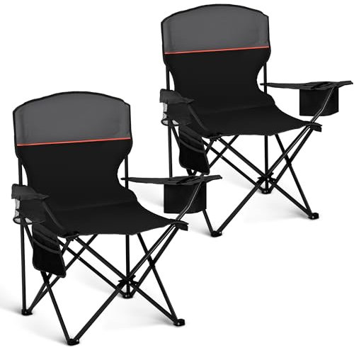HIGH POINT SPORTS Campingstuhl Faltbar 2er Set bis 102kg Campingsessel Klappstuhl mit Getränkehaltern Faltstuhl Camping Angelstuhl Klappbar mit Armlehnen Outdoorstuhl (Schwarz)