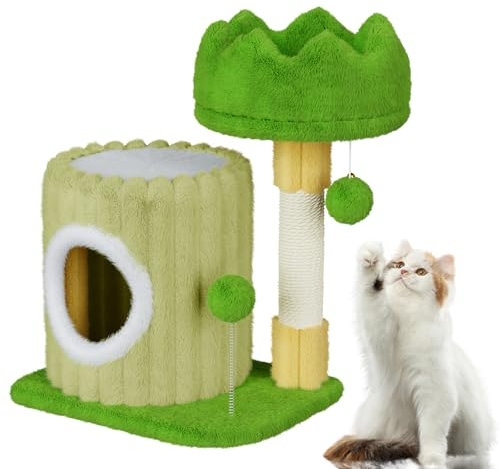 Dogat 53 cm Small Cat Tree, Cat Scratching Post for Indoor Cats, Cat Tower with Cave, Wide Top Perch and 2 Plush Toy Balls, Pet Furniture House for Kittens Pets Climbing, Relaxing, Green