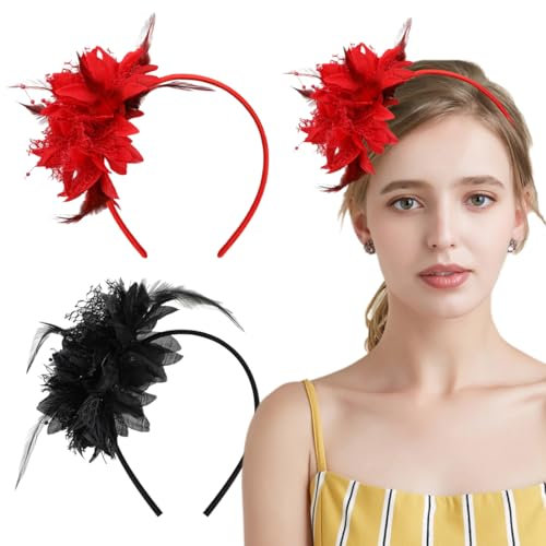 2 Piezas Diadema de Plumas con Flores Artificiales, Accesorios Cabello para Cóctel Boda Fiesta del Té Decoración, Tocados de Fiesta para Niña y Mujer