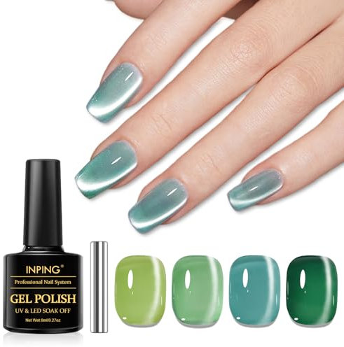 INPING Cat Eye Gel Nail Polish, 4 Colors Jelly Glass Green Crystal Magnetic Cat Eye Glitter Magnetic Gel Polish with Magnet Soak Off UV Nail Art Varnish Kit for Women, 8 ML