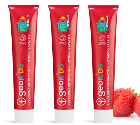 Georganics Fluoride Toothpaste with Hydroxyapatite for Kids - 75ml x3 Pack | Strawberry Flavour - 100% Natural & Sustainable - Prevent Cavities & Strengthens Tooth Enamel - Fight Plaque