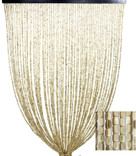 Tex Family Rideau Perline Bois Beige Artisanal Nature - Fils Bambou 100% Naturel - Barre Noire - Usage Intérieur - Décoration de Porte et Séparateur - 120x220 Cm