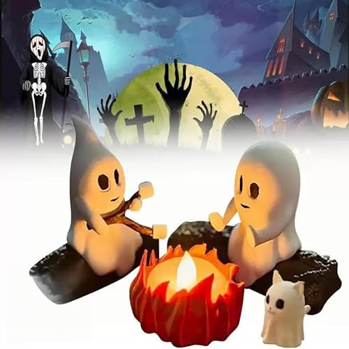 EHOTER Geister-Lagerfeuer flackerndes Nachtlicht Ghost Lagerfeuer Versammlung Lustiges Halloween-Nachtlicht Dekor 2 Geister Rösten Marshmallows am Lagerfeuer 3D Gruseliges Feuer Marshmallow Nachtlicht