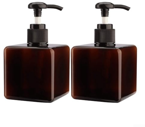 2 botellas de bomba de 250 ml en ámbar, recipientes de plástico reutilizables para aplicaciones de jabón líquido y champú (marrón)