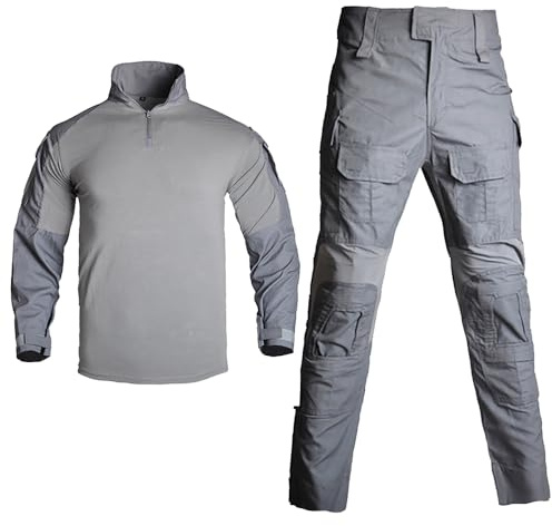 YuanDiann Set di tuta da uomo a maniche lunghe + pantaloni tattici mimetici, da combattimento per appassionati militari, allenamento e airsoft, set tattico multiuso, grigio., XXL
