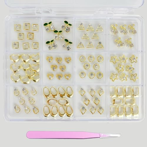 Pizadix 96PCS Gold Nail Charms Kit, 12 Styles 3D Alloy Rhinestones (Hearts/Stars/Leaves & Geometric), 12-Grid Organizer Box & Tweezer, for Gel, Acrylic & Press-On Nails