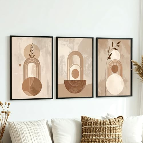 DUOMIO Moderne Wandbilder im 3er-Set (optional) mit Rahmen – Stilvolle Wanddekoration – Boho Wall Art - Abstrakte Blumen Bilder Beige-Töne - Wandkunstdruck für Büro & Wohnzimmer