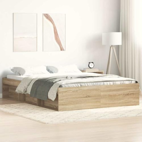 Mandloder Bettgestell Sonoma-Eiche 160x200 cm, Modernes Holzbett mit 6 Staufächern, Robustes Design für Schlafzimmer, Langlebiges Material, Ideale Matratzenunterstützung