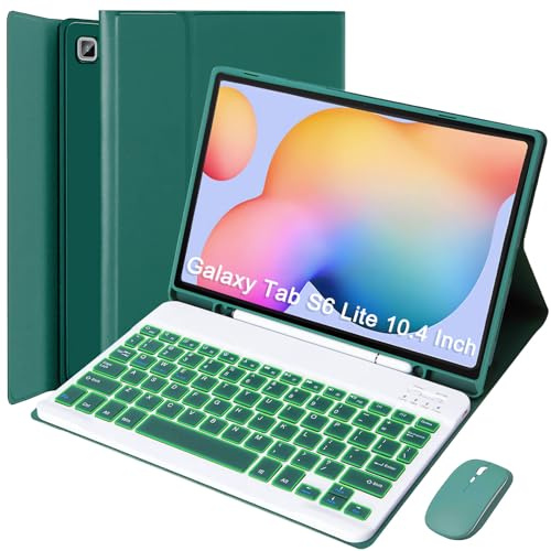 VLEAQC Keyboard Case with Mouse for Samsung Galaxy Tab S6 Lite 10.4 Inch 2024/2022/2020, Detachable Bluetooth 7 Color Backlit Backlight Keyboard, Slim Stand Cover with Pen Holder (Dark Green)