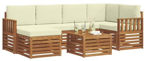 vidaXL Sofagarnituren 7 pcs Natur und Creme Massivholz Akazie, Gartenmöbel, modernes Sofa für draußen, modulare Loungemöbel, langlebige Terrassensitze und Komfort
