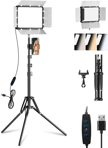 LED Video Lighting,1 Pack EMART Photography Light,7000K 15W Studio Light | Adjustable Height 94cm to 170cm,10 Brightness,2800K-7000K Dimmable for Photo Streaming Shooting,TikTok Recording,Vlog,Make Up