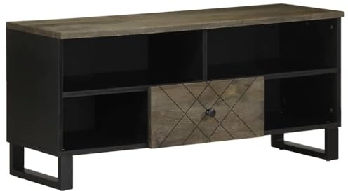 sephironlbb Mueble de TV de madera maciza de mango 100 x 33 x 46 cm con patas de metal, espacio de almacenamiento, cajones y compartimentos para salón, dormitorio, oficina y cine en casa