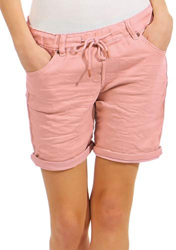 FRESH MADE Damen Stretch Shorts Jeans-Optik LFM-129 Bermuda Hose Boyfriend Style Middle Rose S
