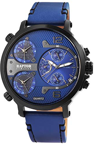 Raptor Limited Herren-Uhr Leder Armbanduhr blau 3 Zeitzonen Datums-/ Wochentaganzeige 24 Std. Anzeige Tachymeter Flieger