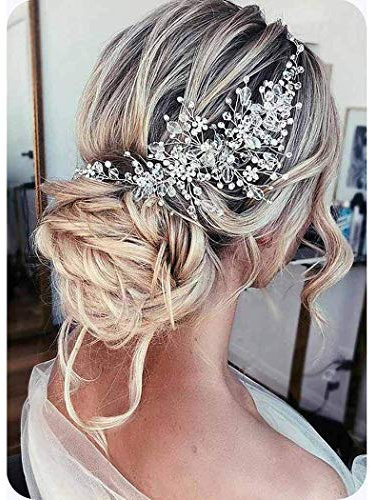 Catery Flower Bride Wedding Headband Silver Crystal Pearl Hair Vine Braid Headpiece Bridal Hair Accessories for Women (Rose Gold)