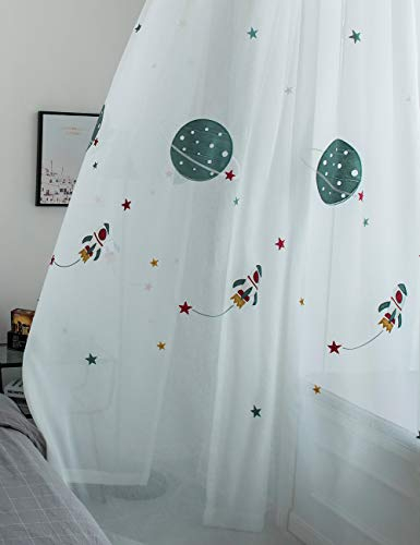 Lactraum Gardine Kinderzimmer Junge Bestickt Planet Sterne Raumschiff Voile mit Kräuselband 145 x 245 cm(B x H)