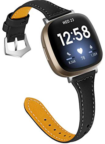 Gimart Lederarmband kompatibel für Fitbit Versa 3/Fitbit Sense, Damen Herren Slim Echtleder Sport Band Ersatz Uhrenarmband Armband für Versa 3 Fitness Smart Watch Klein Groß (Schwarz)