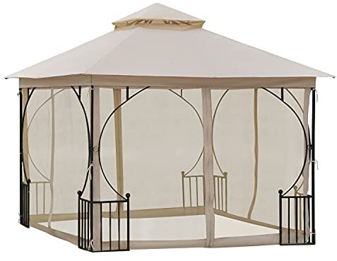 Outsunny Cenador de Jardín 3x3 m Gazebo con 4 Cortinas Laterales de Cremallera y Doble Techo con 8 Orificios de Drenaje Estilo Moderno para Patio Aire Libre Beige
