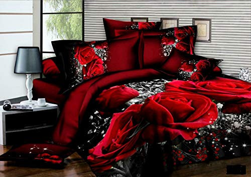 THL 4 Pcs Complete Bedding Set 3D Design Floral Printed Duvet Cover with Fitted Sheet Pillowcases (Red Black Roses 242, Super King)