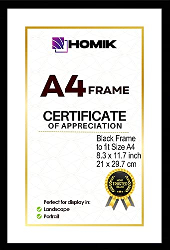 HOMIK Bilderrahmen A4 | Rahmen A4 mit Acryl-Sicherheitsglas Glas Bilderrahmen din A4 – Heimdekoration Bilderrahmen Schwarz | Ideal zum Verschenken und zum Aufhängen an der Wand