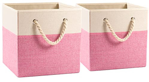 Prandom Cubos de almacenamiento plegables grandes de 33x33x33 cm[paquete de 2] Cestas de almacenamiento de lino de tela Cubos Cajón con asas de algodón Organizador para estantes Rosa
