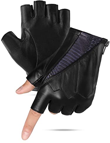 GSG Fingerlose Lederhandschuhe Herren Ungefüttert Halbfingerhandschuhe Echtes Leder Schwarz-blau L
