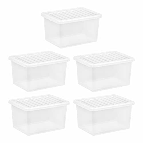 TENLITE [𝐏𝐚𝐜𝐤 𝐨𝐟 𝟓] Large Plastic Storage Boxes with Lids | Clear Transparent Storage Box | Stackable Nestable Container - 𝐌𝐚𝐝𝐞 𝐢𝐧 𝐔.𝐊. (25 Litre)