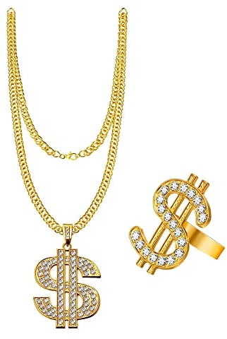 Wnddle Hip Hop Rapper Accessories, Herren Vergoldet Hip Hop Anhänger Halskette, Dollar Halskette & Ringe, Rap Sänger Gold Dollar Anhänger Kette, für Rapper Kostüm Zubehör