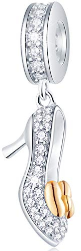 Dangle Talons hauts scintillants CZ Charms avec Golden Bowknot, Perles pendentif stiletto femme en argent sterling 925 pour collier bracelet pandora, cadeau pour noël/petite amie/marraine